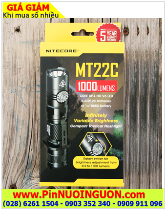 Đèn pin siêu sáng Nitecore MT22C bóng XP-L HD V6 với 1000lumens 8600cd chiếu xa 185m chính hãng